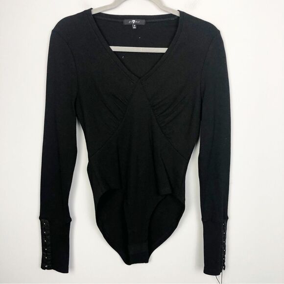 7 FOR ALL MANKIND | NEW Long Sleeve Black Bodysuit V-Neck Women’s Size Medium - Picture 1 of 8
